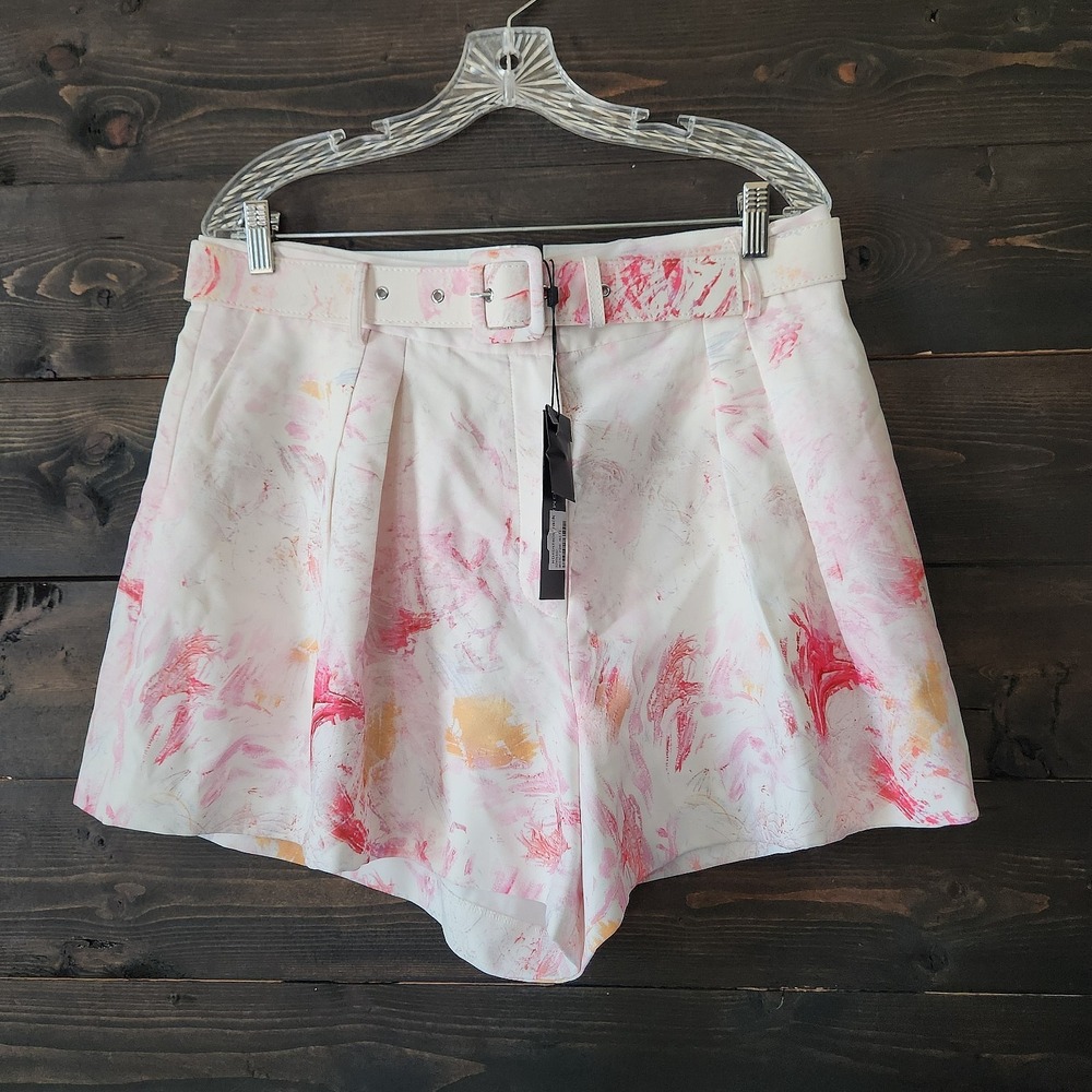 BCBGMAXAZRIA Abstract Print High-Waisted Shorts Size 14 Pleated Belt Spring NWT